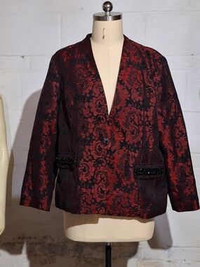 Chico's Red and Black Brocade Blazer with Beaded Trim